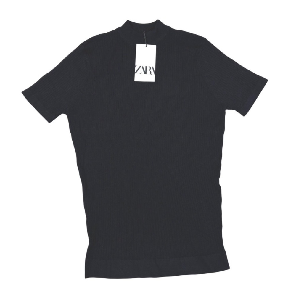 Zara Black Ribbed Short-Sleeve Mock Neck Tee